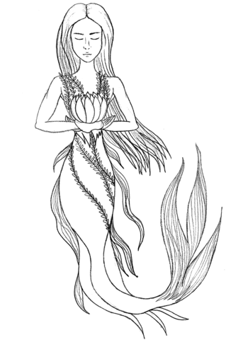 Young Mermaid With Lotus Flower Coloring Page